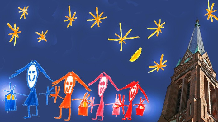 Bunte Kinderzeichnung einer Familie vor einem Kirchturm mit Sternen am Himmel