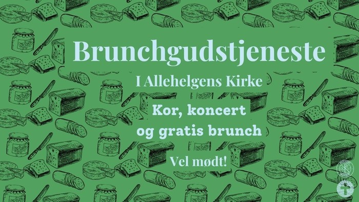 Billedet viser en grøn baggrund med forskellige madvarer og dansk tekst, der promoverer en brunchbegivenhed.