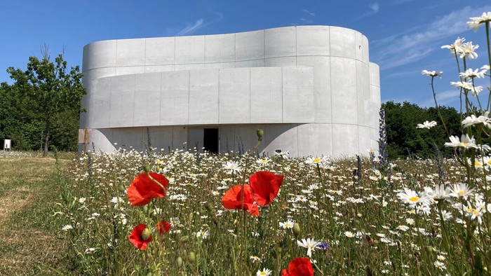 En rund, grå betonbygning i en blomsterrig skov.