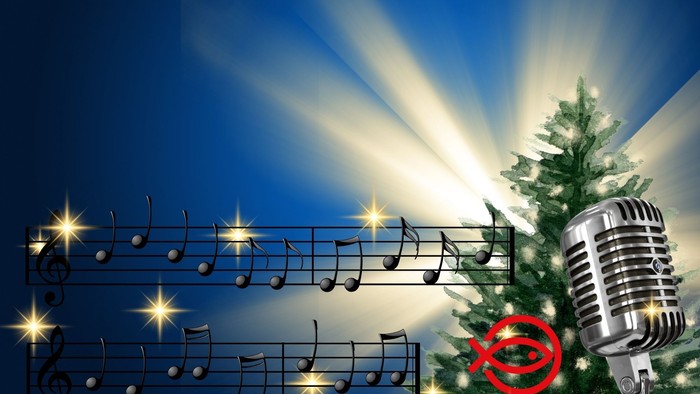 Juletræ og mikrofon med noder og lys
