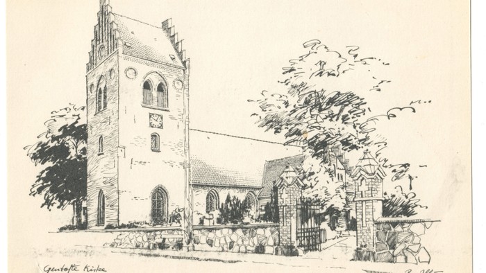 Skitse af en historisk kirke med et højt tårn, buede vinduer og omgivende gravsten i en rolig kirkegård.