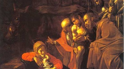 En maleri af en gruppe mennesker i en mørk scene, hvor en person ligger på jorden.