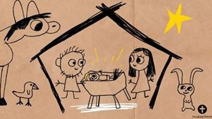 Billedet viser en julehimmel med Jesusbarn, Maria, Josef og dyr.