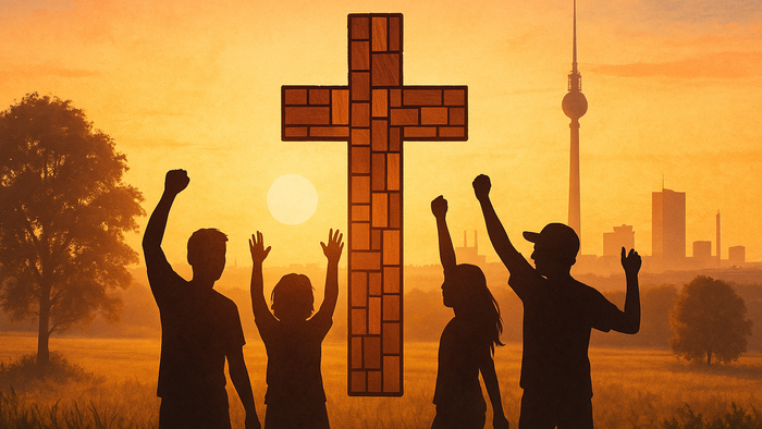 Vier Personen stehen vor einem großen Kreuz und heben die Hände, im Hintergrund eine Stadt bei Sonnenuntergang.