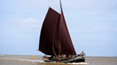 Ein Segelboot mit braunem Segel fährt auf dem Meer.