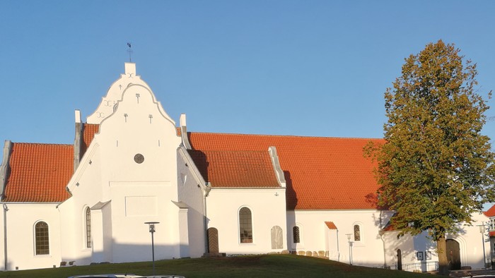 Et hvidt kirkebygning med røde tag og en stor træ ved siden.