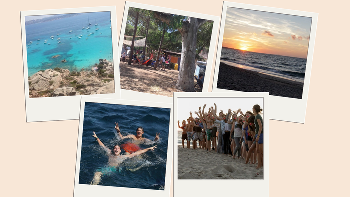 Strandszenen, Schwimmen, Sonnenuntergang und Gruppenaktivitäten