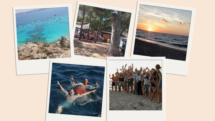 Strandszenen, Schwimmen, Sonnenuntergang und Gruppenaktivitäten