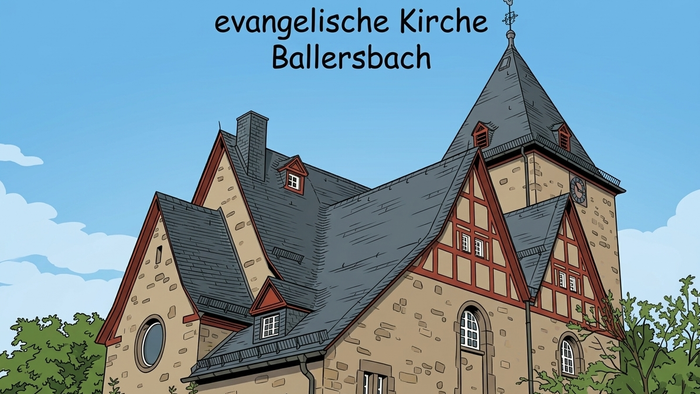 Illustrierte Kirche „Evangelische Kirche Ballersbach“ mit traditioneller Fachwerk- und Steinarchitektur.
