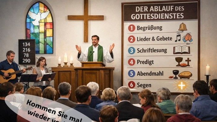 Ein Kirchenflyer, der den Ablauf eines Gottesdienstes erklärt und veranschaulicht, mit geplanten Terminen und Uhrzeiten.