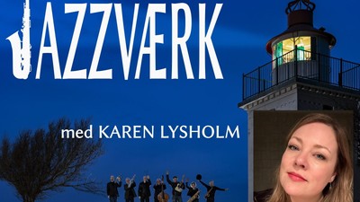 "Plakat til jazzkoncert med Karen Lysholm og bandet, med grafisk motiv af et fyrtaarn og en saxofon."