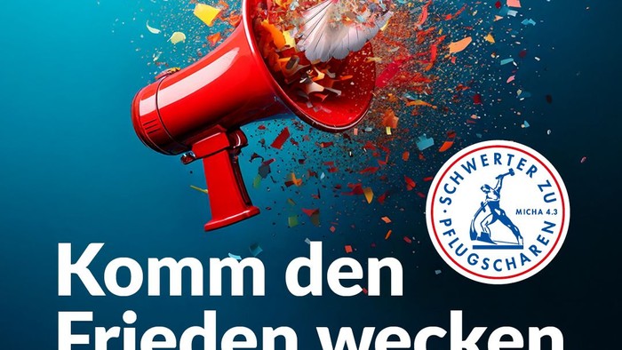 Ein Megafon mit Taube und Konfetti, Text: 