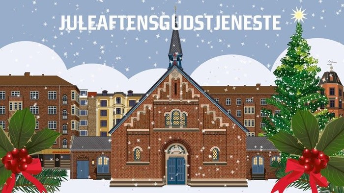 Julaftensgudstjeneste i en snedig bymiljø med juletree og pynt