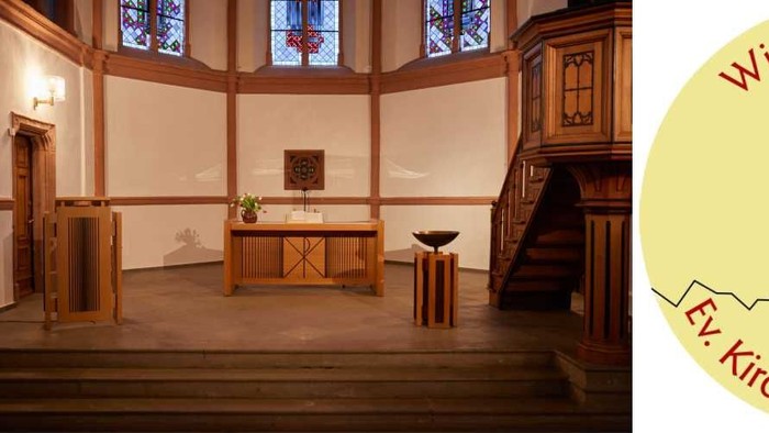 Links eine Kirche, Mitte ein Innenraum mit Holz, rechts ein Logo mit Text und Kirche