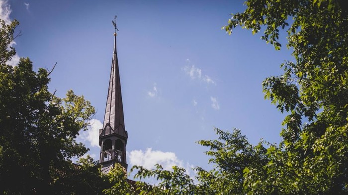 Ein hoher Kirchturm ragt durch die Bäume in den klaren blauen Himmel.