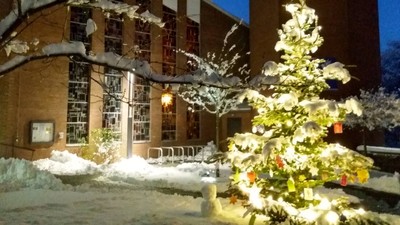 Weihnachtsbaum vor Gebäude im Schnee