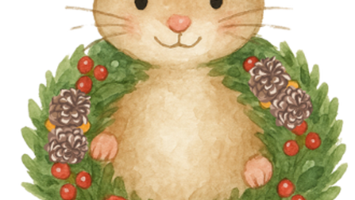 Ein Maus in einer Weihnachtskranz mit einer Schleife.