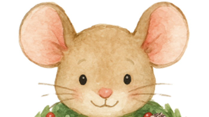 Ein Maus in einer Weihnachtskranz mit einer Schleife.