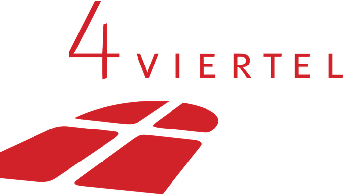 Logo für „Viertel“ mit der Zahl 4 und einem stilisierten roten geometrischen Design.
