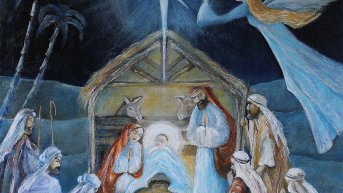 En maleri af Jesus' fødsel med engler og hyrder.