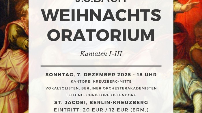 Poster für Bachs Weihnachtsoratorium in Kreuzberg, Berlin, mit Konzertdaten und Veranstaltungsort