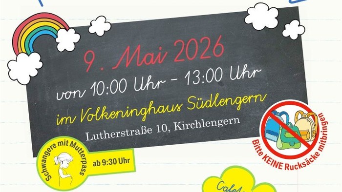 Flyer für einen Nummernflohmarkt am 9. Mai 2026 im Volkeninghaus Südlengern, mit verschiedenen Angeboten für Kinder