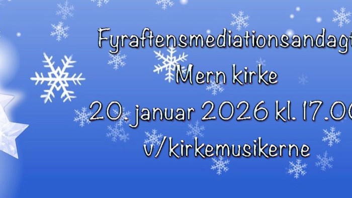 Juleinspireret annoncering af en mæglingsarrangement i Mern Kirke den 20. januar 2026 kl. 17:00 med kirkemusikerne.
