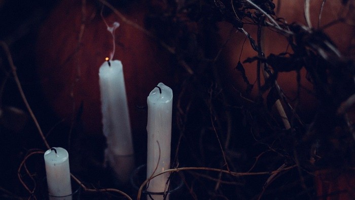 Drei brennende Kerzen stehen inmitten von Zweigen und Blättern.