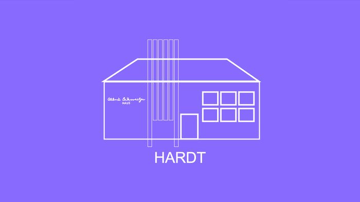 Minimalistische Strichzeichnung eines Gebäudes mit der Beschriftung „HARDT“ auf violettem Hintergrund.