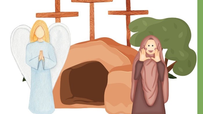 Das Plakat lädt Kinder im Alter von 6 bis 12 Jahren ein, an einer Probe und Aufführung eines Osterspiels im Gemeindezentrum der Kirche teilzunehmen.