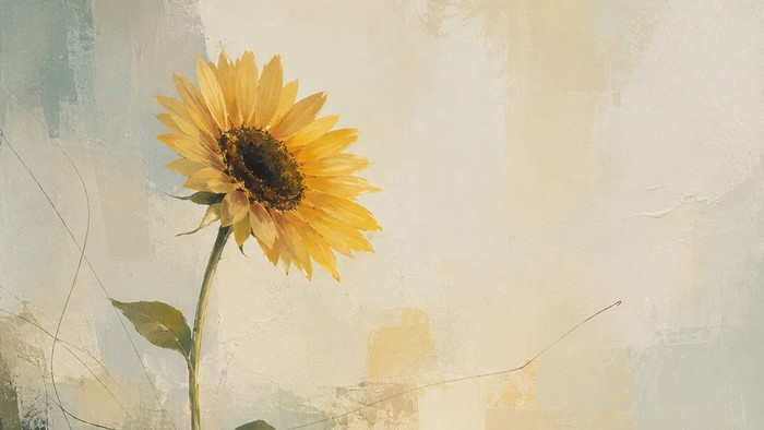 Eine einsame Sonnenblume leuchtet lebendig vor einem weichen, abstrakten Aquarellhimmel.