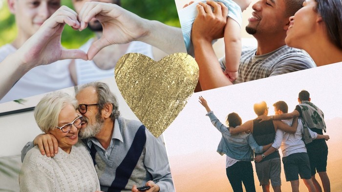 Verschiedene Familienbilder mit goldenem Herzen