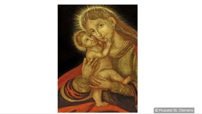 Das Bild zeigt eine religiöse Darstellung der Madonna mit Kind.