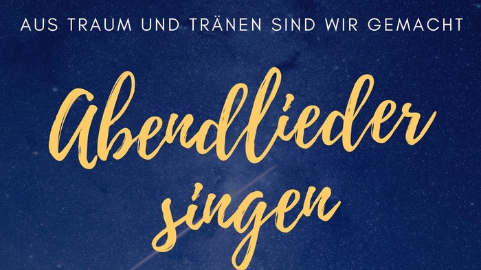 Ein blauer Hintergrund erinnert an Abendhimmel und Sterne. Das Plakat lädt ein zum Abendliedersingen in der Kirche Wulkow am 1. November 2025 um 18 Uhr. Der Titel ist