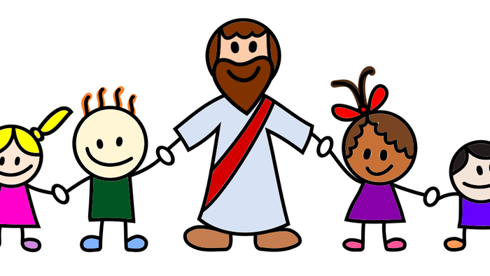 En tegnet figur af Jesus med fire børn, der holder hånd med ham