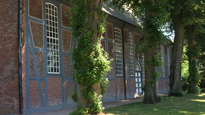 Altes Backsteingebäude mit blauen Fensterläden und Kletterpflanzen