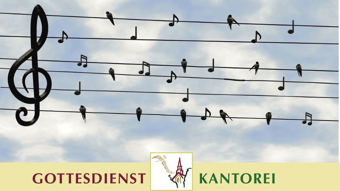Musikalische Noten mit Vögeln und Logo von Gottesdienst und Kantorei