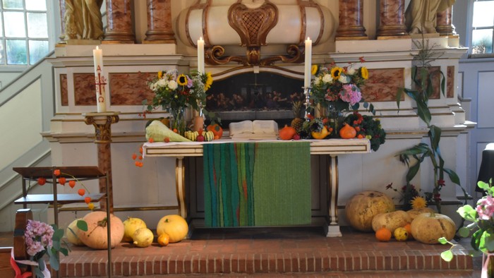 Herbstliche Dekoration mit Kürbissen und Blumen vor Kamin