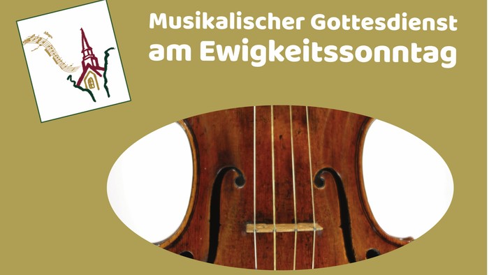 Ankündigung eines musikalischen Gottesdienstes mit Cello zum Ewigkeitssonntag, illustriert mit Noten.