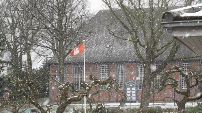 Schneebedeckte Bäume und Gebäude mit Schweizer Flagge