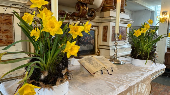 Eleganter Altar, geschmückt mit leuchtend gelben Osterglocken, Kerzen und einem offenen Buch auf einem verzierten Tisch.