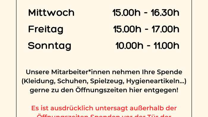 Logo der Kirche, eine Cliphose und die Öffnungszeiten der Kleiderkammer