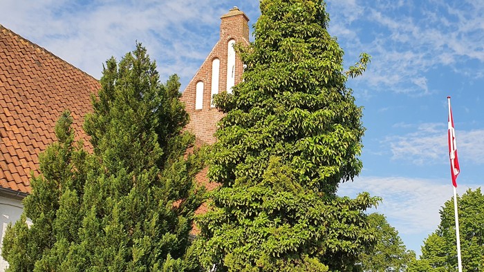 Et rødt teglkirke med tårn og en flagstang med flag ved siden af grønne træer