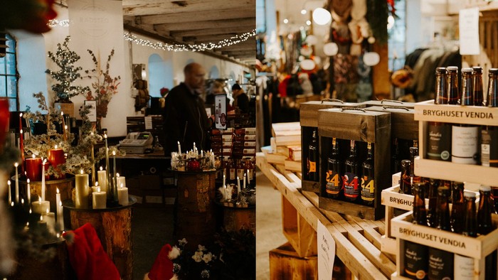 Julemarked med vinflasker og festlige pynteting