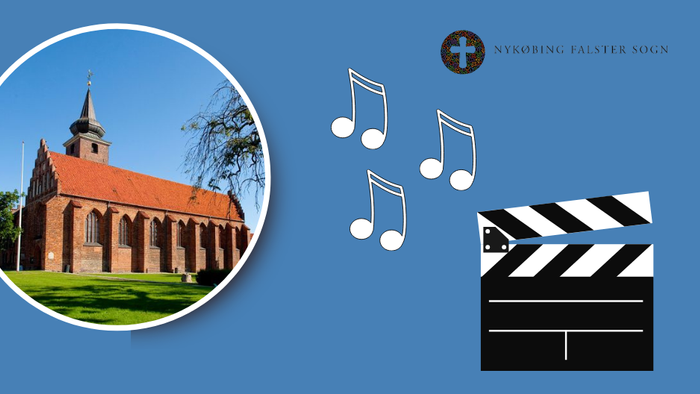 Billede viser kirke, noter og klapphammer med teksten 