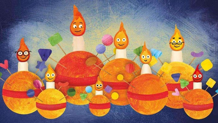 Colorful cartoon characters with flame heads and various accessories, some holding hearts and musical notes, set against a blue background.