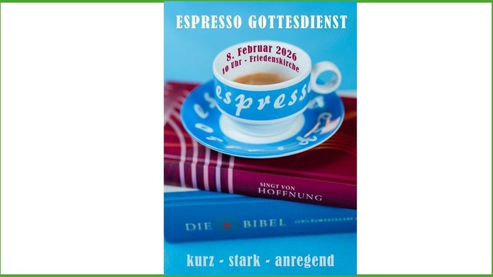 Ein Plakat, das einen kaffeethemenbasierten Gottesdienst am 8. Februar 2026 mit dem Titel *„Espresso Gottesdienst“* und biblischen Bezügen bewirbt.