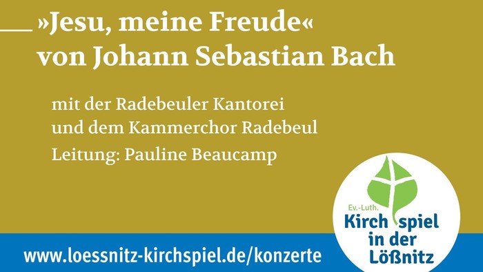 Plakat kündigt Bachs Motette „Jesu, meine Freude“ während eines Gottesdienstes am 31. Mai um 10 Uhr an.