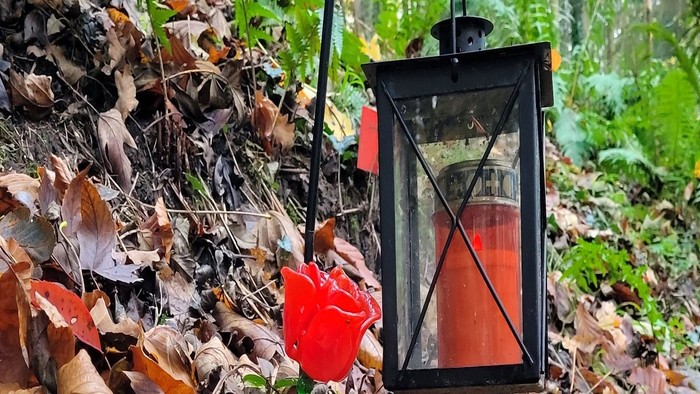 Ein schwarzer Laternenpfahl mit roter Kerze steht in einem Wald mit gefallenen Blättern.