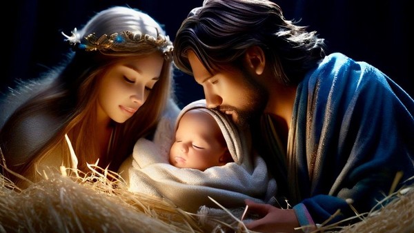 Ein Mann und eine Frau halten zärtlich ein Baby in einer Krippe.